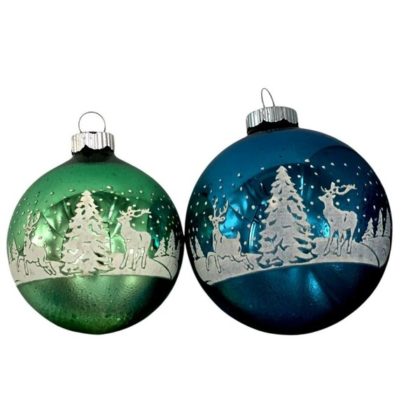 2 VTG Shiny Brite Deer Christmas Tree Ornament Stencil Green Blue Glass Snow MCM - Picture 3 of 14